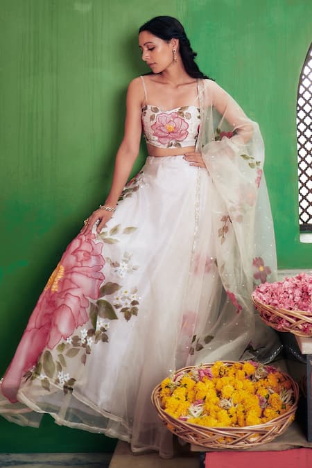 Buy_Neha Saxena_White Pure Silk Organza Hand Painted Embroidered Blouse Lehenga Set  _Online_at_Aza_Fashions
