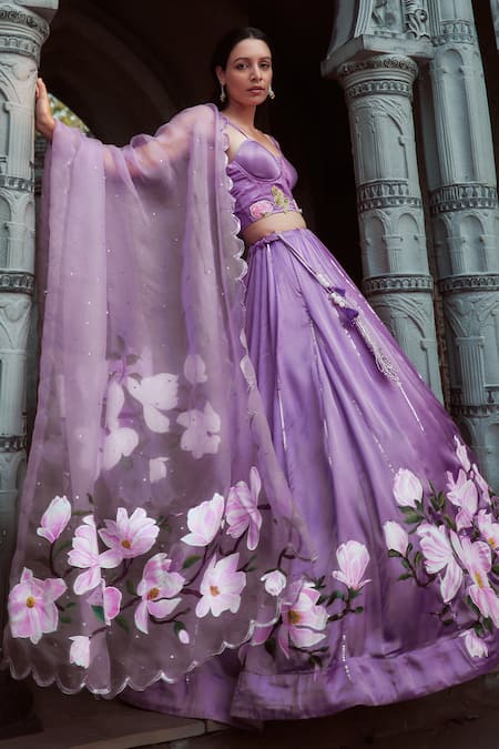 Shop_Neha Saxena_Purple Modal Silk Hand Painted Embroidered Corset Top Lehenga Set  _Online_at_Aza_Fashions