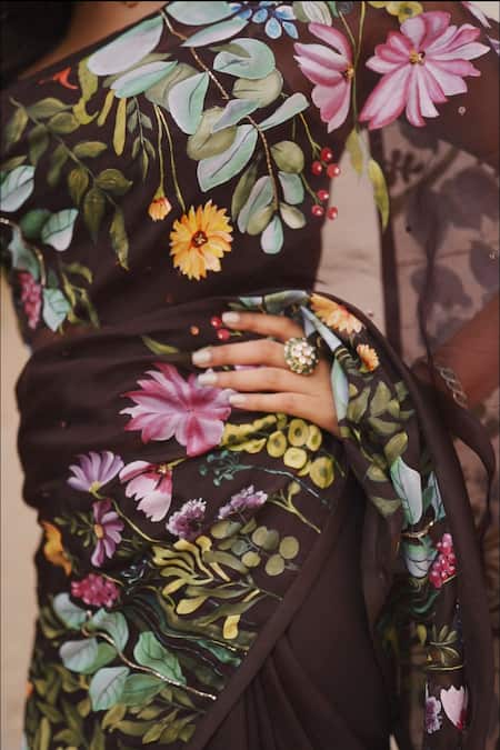 Neha Saxena_Brown Saree  Pure Silk Organza Hand Painted Cutdana  _at_Aza_Fashions