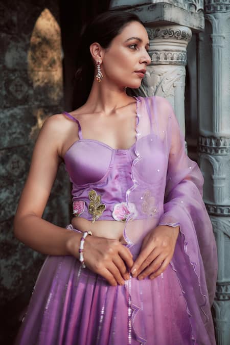 Neha Saxena_Purple Modal Silk Hand Painted Embroidered Corset Top Lehenga Set  _at_Aza_Fashions