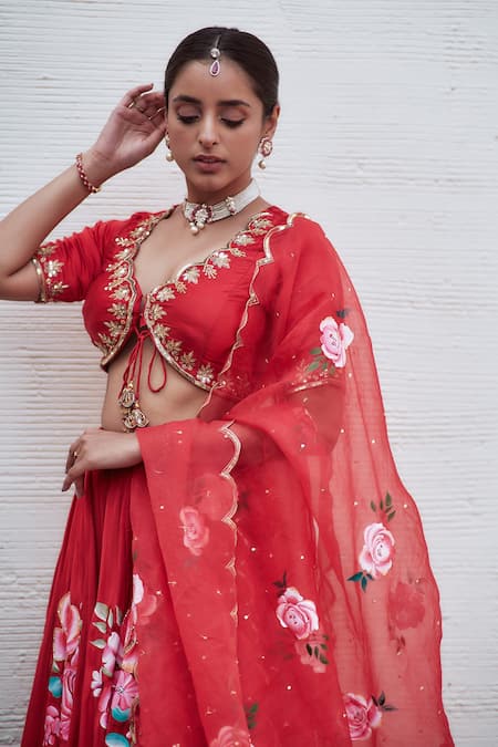 Neha Saxena_Red Modal, Silk, Organza Cut Work, Sequins, Embroidery V-neck Blouse Lehenga Set _Online_at_Aza_Fashions