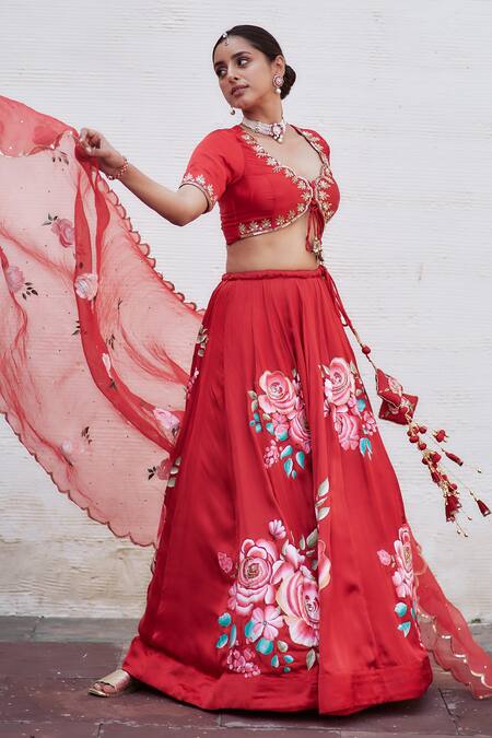 Buy_Neha Saxena_Red Modal, Silk, Organza Cut Work, Sequins, Embroidery V-neck Blouse Lehenga Set _Online_at_Aza_Fashions