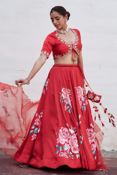 Shop_Neha Saxena_Red Modal, Silk, Organza Cut Work, Sequins, Embroidery V-neck Blouse Lehenga Set _Online_at_Aza_Fashions
