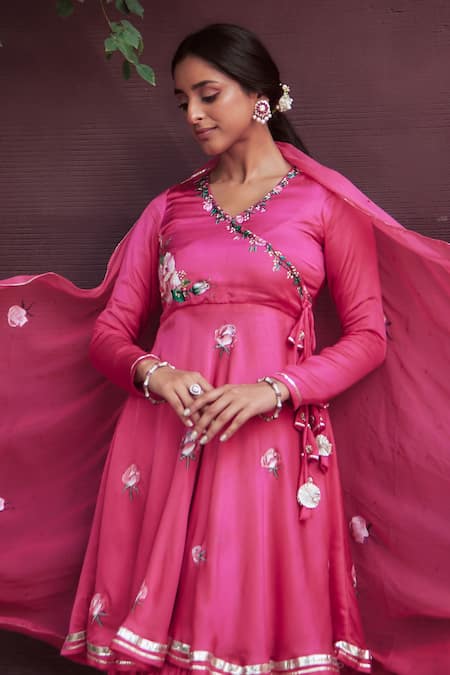 Neha Saxena_Pink Chiffon, Modal Gota Patti, Sequins, Ribbons, Hand Kurta Gharara Set _Online_at_Aza_Fashions
