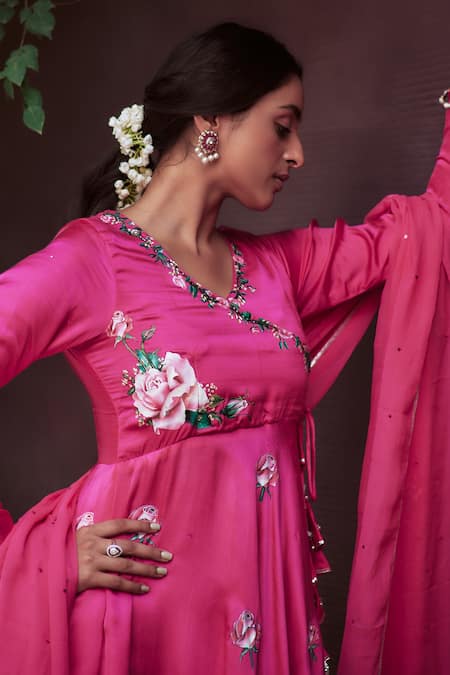 Shop_Neha Saxena_Pink Chiffon, Modal Gota Patti, Sequins, Ribbons, Hand Kurta Gharara Set _Online_at_Aza_Fashions