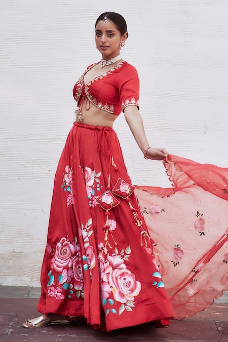 Neha Saxena_Red Modal, Silk, Organza Cut Work, Sequins, Embroidery V-neck Blouse Lehenga Set _at_Aza_Fashions