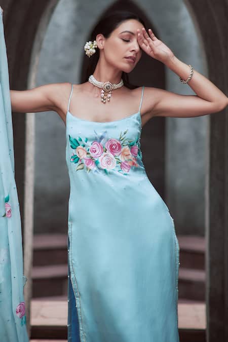 Neha Saxena_Blue Chiffon, Modal Pearls, Sequins Square Neck Hand Embroidered Kurta Pant Set _Online_at_Aza_Fashions