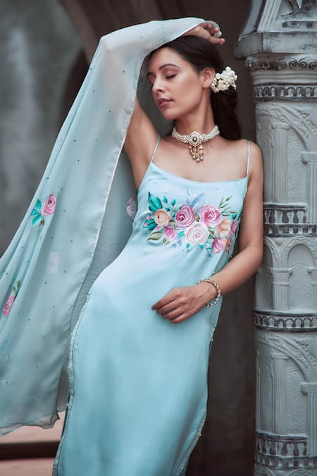 Buy_Neha Saxena_Blue Chiffon, Modal Pearls, Sequins Square Neck Hand Embroidered Kurta Pant Set _Online_at_Aza_Fashions