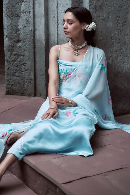 Shop_Neha Saxena_Blue Chiffon, Modal Pearls, Sequins Square Neck Hand Embroidered Kurta Pant Set _Online_at_Aza_Fashions