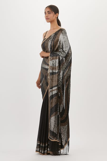 Nakul Sen Black Chiffon Sequins Scoop Neck Work Saree With Blouse Online at Aza Fashions Nakul Sen_Black Chiffon Sequins Scoop Neck Work Saree With Blouse_Online_at_Aza_Fashions