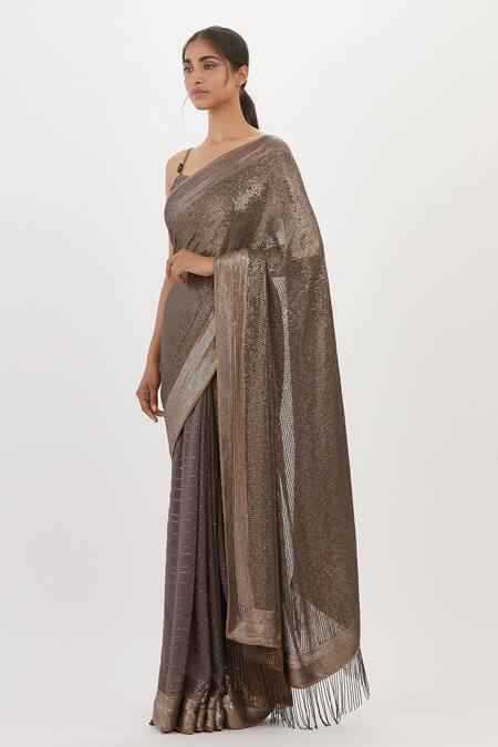 Nakul Sen Grey Chiffon Fringe, Sequins Scoop Neck Embroidered Saree With Blouse Online at Aza Fashions Nakul Sen_Grey Chiffon Fringe, Sequins Scoop Neck Embroidered Saree With Blouse_Online_at_Aza_Fashions