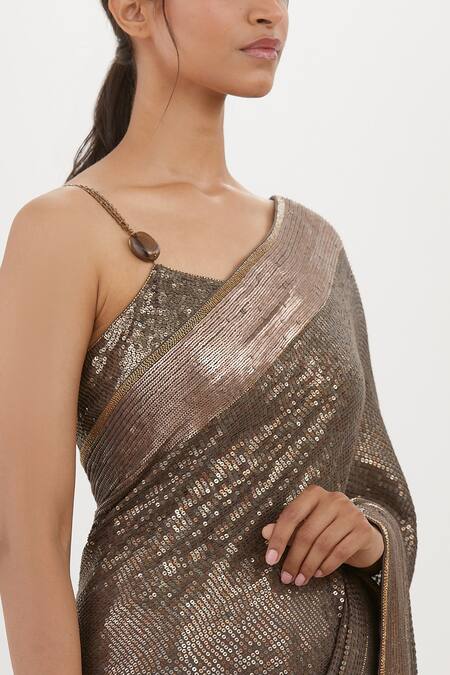Buy Nakul Sen Grey Chiffon Fringe, Sequins Scoop Neck Embroidered Saree With Blouse Online at Aza Fashions Buy_Nakul Sen_Grey Chiffon Fringe, Sequins Scoop Neck Embroidered Saree With Blouse_Online_at_Aza_Fashions