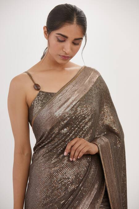 Shop Nakul Sen Grey Chiffon Fringe, Sequins Scoop Neck Embroidered Saree With Blouse Online at Aza Fashions Shop_Nakul Sen_Grey Chiffon Fringe, Sequins Scoop Neck Embroidered Saree With Blouse_Online_at_Aza_Fashions