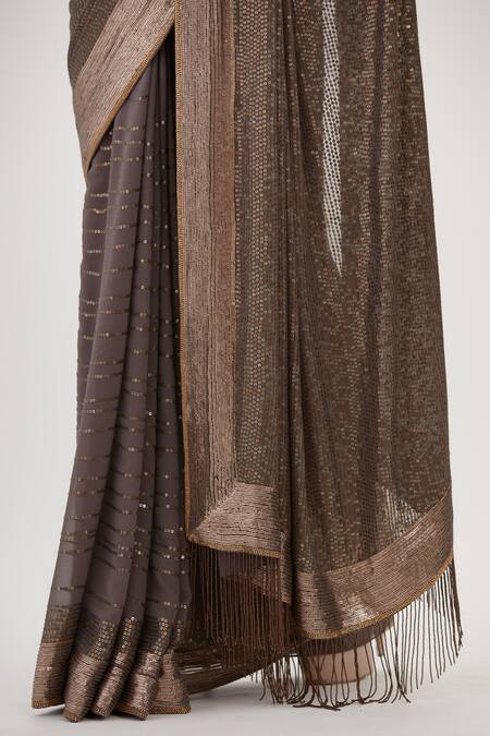 Nakul Sen Grey Chiffon Fringe, Sequins Scoop Neck Embroidered Saree With Blouse at Aza Fashions Nakul Sen_Grey Chiffon Fringe, Sequins Scoop Neck Embroidered Saree With Blouse_at_Aza_Fashions