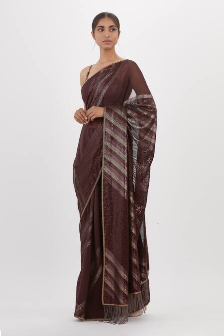 Nakul Sen Maroon Chiffon Sequins, Embroidery Round Neck Work Saree With Blouse Online at Aza Fashions Nakul Sen_Maroon Chiffon Sequins, Embroidery Round Neck Work Saree With Blouse_Online_at_Aza_Fashions