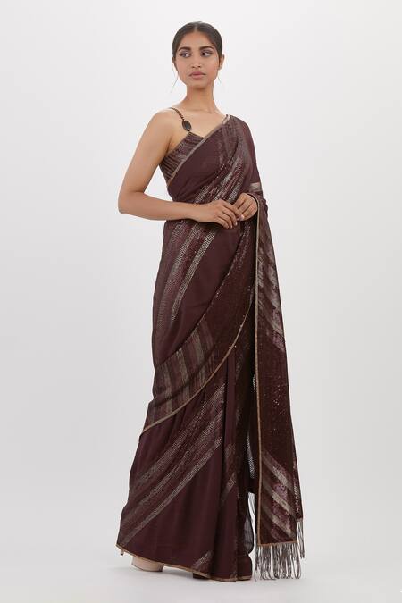 Buy Nakul Sen Maroon Chiffon Sequins, Embroidery Round Neck Work Saree With Blouse Online at Aza Fashions Buy_Nakul Sen_Maroon Chiffon Sequins, Embroidery Round Neck Work Saree With Blouse_Online_at_Aza_Fashions
