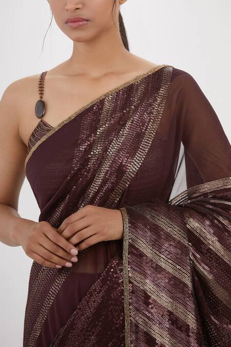 Shop Nakul Sen Maroon Chiffon Sequins, Embroidery Round Neck Work Saree With Blouse Online at Aza Fashions Shop_Nakul Sen_Maroon Chiffon Sequins, Embroidery Round Neck Work Saree With Blouse_Online_at_Aza_Fashions
