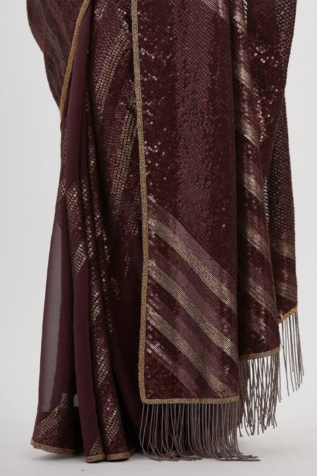 Nakul Sen Maroon Chiffon Sequins, Embroidery Round Neck Work Saree With Blouse at Aza Fashions Nakul Sen_Maroon Chiffon Sequins, Embroidery Round Neck Work Saree With Blouse_at_Aza_Fashions