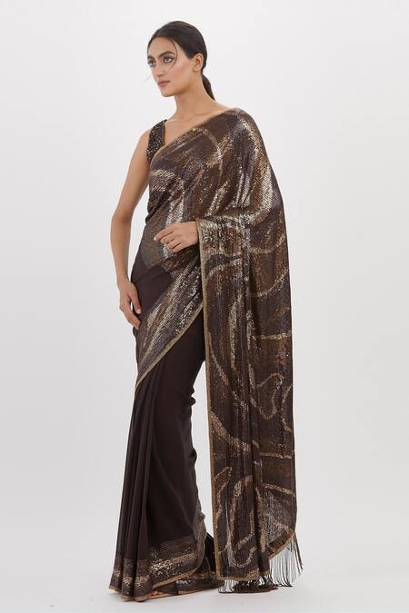 Nakul Sen_Brown Chiffon Sequins Plunge Neck Wave Pattern Saree With Sleeveless Blouse_Online_at_Aza_Fashions
