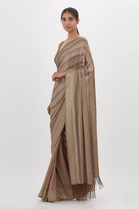 Nakul Sen_Gray Chiffon Sequins Plunge Neck Embroidered Grey Saree And Blouse_Online_at_Aza_Fashions