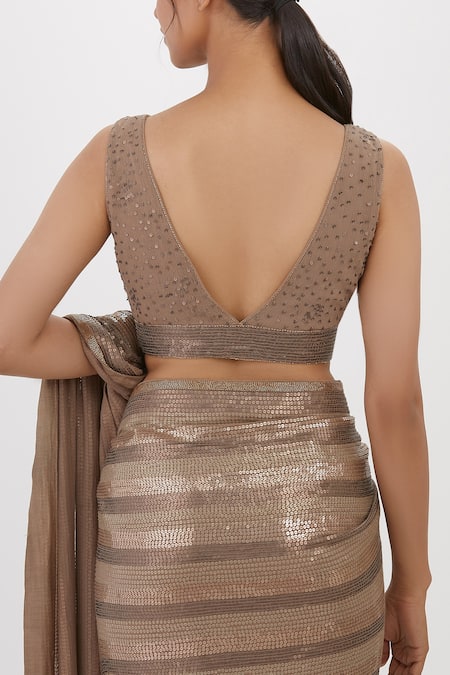 Shop_Nakul Sen_Gray Chiffon Sequins Plunge Neck Embroidered Grey Saree And Blouse_Online_at_Aza_Fashions