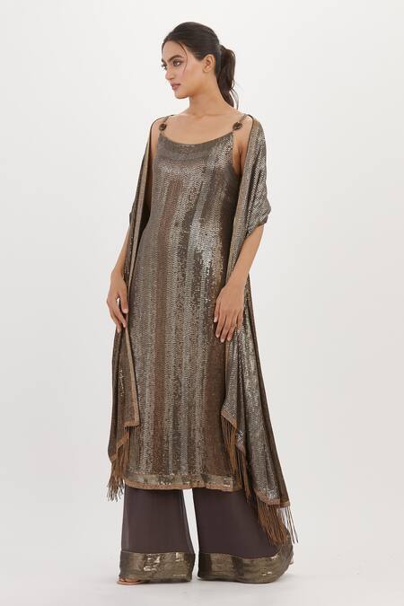 Nakul Sen_Grey Chiffon Embroidery, Sequins Scoop Neck Kurta Palazzo Set_Online_at_Aza_Fashions