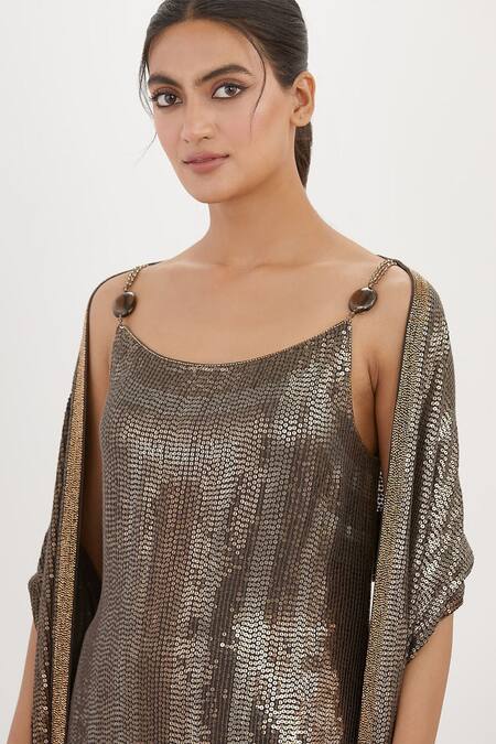 Buy_Nakul Sen_Grey Chiffon Embroidery, Sequins Scoop Neck Kurta Palazzo Set_Online_at_Aza_Fashions
