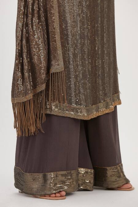 Shop_Nakul Sen_Grey Chiffon Embroidery, Sequins Scoop Neck Kurta Palazzo Set_Online_at_Aza_Fashions