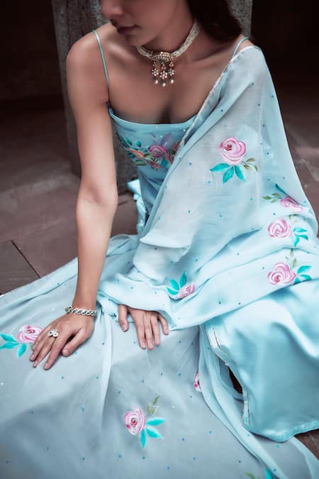 Neha Saxena_Blue Chiffon, Modal Pearls, Sequins Square Neck Hand Embroidered Kurta Pant Set _at_Aza_Fashions