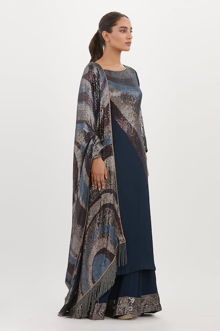 Nakul Sen_Blue Chiffon Embroidery, Sequins Boat Neck Work Kurta Palazzo Set_Online_at_Aza_Fashions