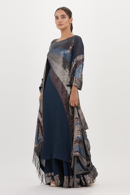 Buy_Nakul Sen_Blue Chiffon Embroidery, Sequins Boat Neck Work Kurta Palazzo Set_Online_at_Aza_Fashions