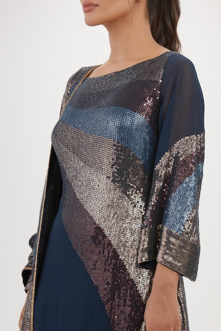 Shop_Nakul Sen_Blue Chiffon Embroidery, Sequins Boat Neck Work Kurta Palazzo Set_Online_at_Aza_Fashions