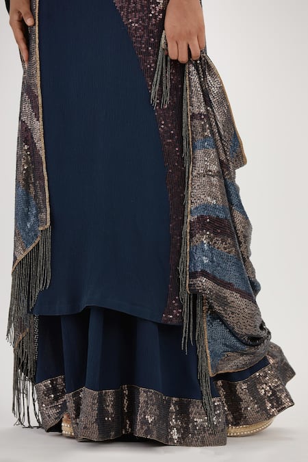 Nakul Sen_Blue Chiffon Embroidery, Sequins Boat Neck Work Kurta Palazzo Set_at_Aza_Fashions