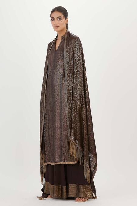 Buy Nakul Sen Brown Chiffon Sequins, Embroidery Mandarin Collar Long Kurta Palazzo Set Online at Aza Fashions Buy_Nakul Sen_Brown Chiffon Sequins, Embroidery Mandarin Collar Long Kurta Palazzo Set_Online_at_Aza_Fashions