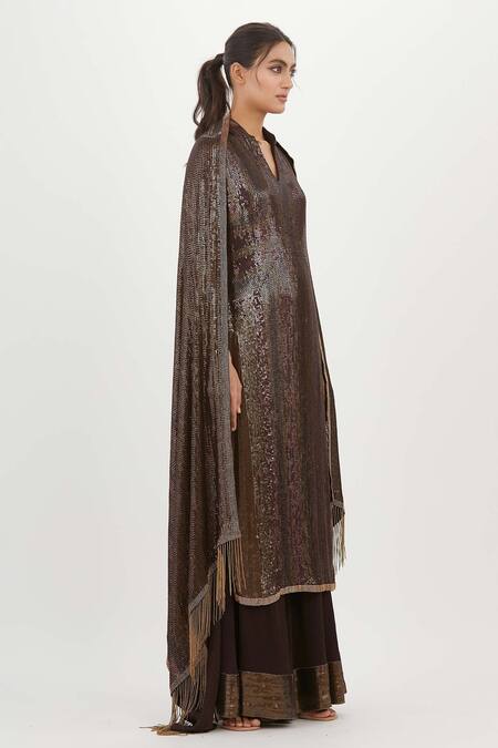Shop Nakul Sen Brown Chiffon Sequins, Embroidery Mandarin Collar Long Kurta Palazzo Set Online at Aza Fashions Shop_Nakul Sen_Brown Chiffon Sequins, Embroidery Mandarin Collar Long Kurta Palazzo Set_Online_at_Aza_Fashions