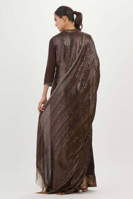 Nakul Sen Brown Chiffon Sequins, Embroidery Mandarin Collar Long Kurta Palazzo Set at Aza Fashions Nakul Sen_Brown Chiffon Sequins, Embroidery Mandarin Collar Long Kurta Palazzo Set_at_Aza_Fashions
