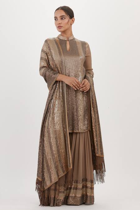 Nakul Sen Grey Chiffon Sequins, Embroidery Mandarin Collar Kurta Sharara Set Online at Aza Fashions Nakul Sen_Grey Chiffon Sequins, Embroidery Mandarin Collar Kurta Sharara Set_Online_at_Aza_Fashions
