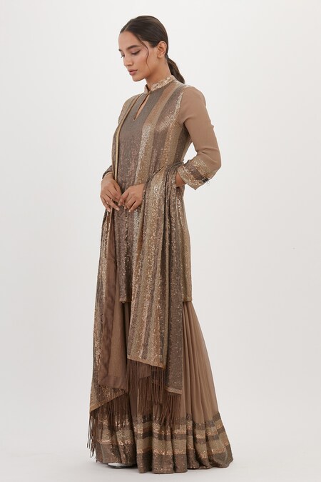 Buy Grey Chiffon Embroidered Sequin Mandarin Collar Kurta Sharara 