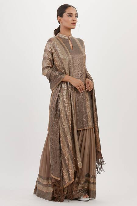 Shop Nakul Sen Grey Chiffon Sequins, Embroidery Mandarin Collar Kurta Sharara Set Online at Aza Fashions Shop_Nakul Sen_Grey Chiffon Sequins, Embroidery Mandarin Collar Kurta Sharara Set_Online_at_Aza_Fashions