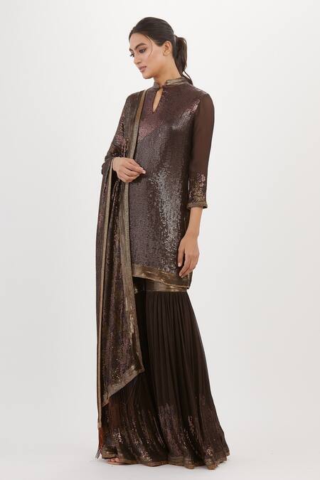 Nakul Sen Brown Chiffon Embroidery, Sequins Mandarin Collar Short Kurta Sharara Set Online at Aza Fashions Nakul Sen_Brown Chiffon Embroidery, Sequins Mandarin Collar Short Kurta Sharara Set_Online_at_Aza_Fashions