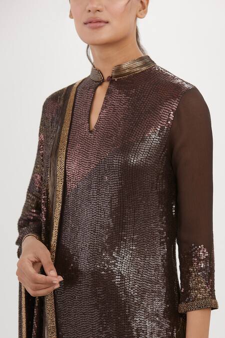 Shop Nakul Sen Brown Chiffon Embroidery, Sequins Mandarin Collar Short Kurta Sharara Set Online at Aza Fashions Shop_Nakul Sen_Brown Chiffon Embroidery, Sequins Mandarin Collar Short Kurta Sharara Set_Online_at_Aza_Fashions