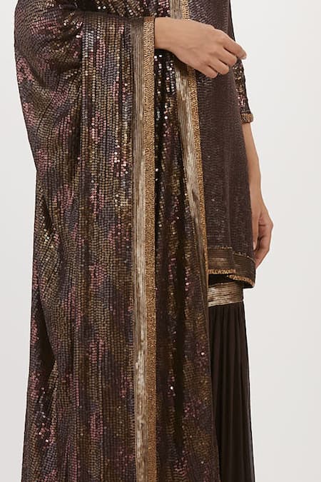 Buy Nakul Sen Brown Chiffon Embroidery, Sequins Mandarin Collar Short Kurta Sharara Set Online at Aza Fashions Buy_Nakul Sen_Brown Chiffon Embroidery, Sequins Mandarin Collar Short Kurta Sharara Set_Online_at_Aza_Fashions