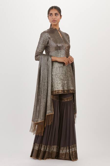 Nakul Sen_Grey Chiffon Sequins, Embroidery Mandarin Collar Work Short Kurta Sharara Set_Online_at_Aza_Fashions