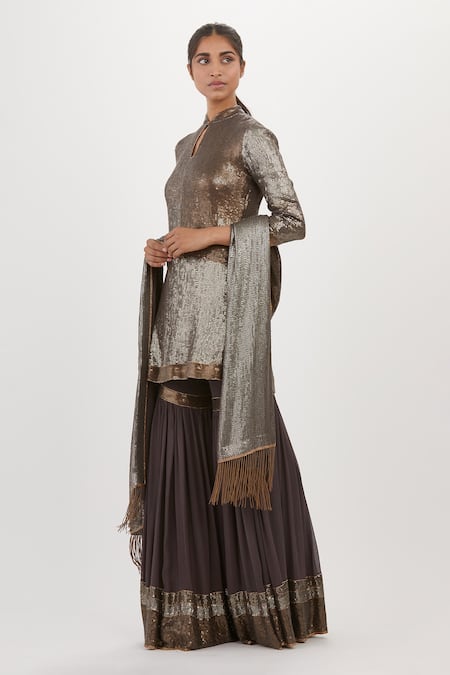 Buy_Nakul Sen_Grey Chiffon Sequins, Embroidery Mandarin Collar Work Short Kurta Sharara Set_Online_at_Aza_Fashions
