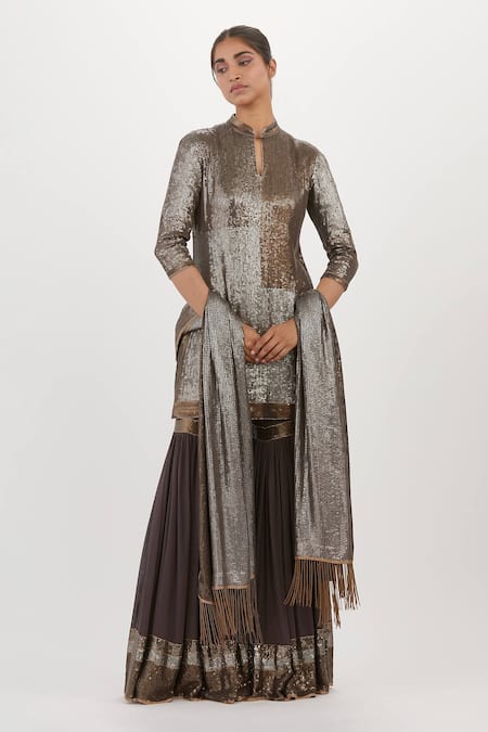 Shop_Nakul Sen_Grey Chiffon Sequins, Embroidery Mandarin Collar Work Short Kurta Sharara Set_Online_at_Aza_Fashions