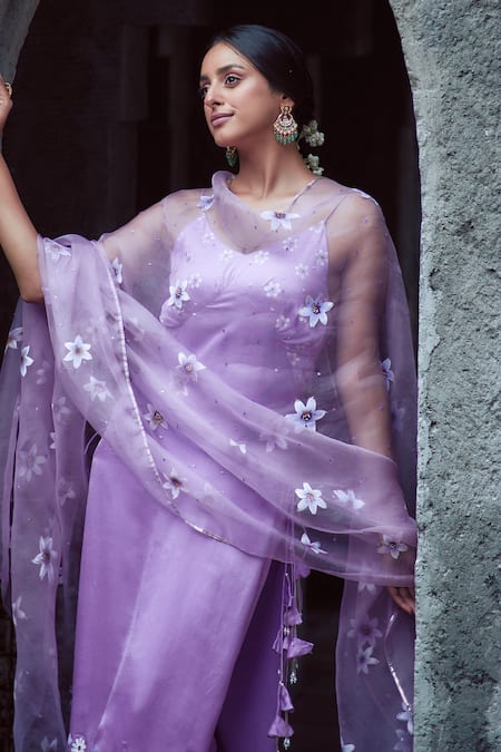 Neha Saxena_Purple Modal, Organza, Embroidery V-neck Hand Kurta Straight Pant Set _Online_at_Aza_Fashions