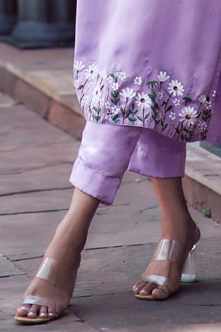 Neha Saxena_Purple Modal, Organza, Embroidery V-neck Hand Kurta Straight Pant Set _at_Aza_Fashions