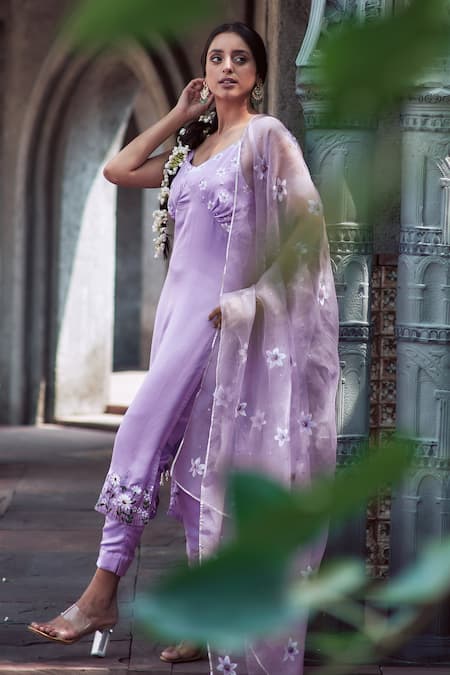 Shop_Neha Saxena_Purple Modal, Organza, Embroidery V-neck Hand Kurta Straight Pant Set _Online_at_Aza_Fashions