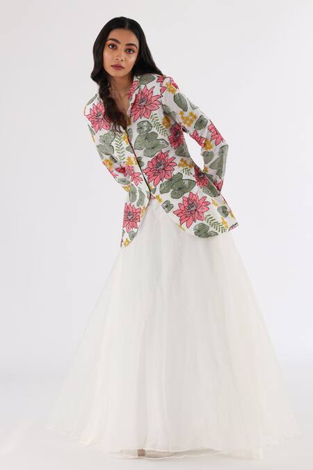Nakita Singh_Off White Net, Organza Embroidery Bandeau Neck Jacket And Skirt Set_Online_at_Aza_Fashions