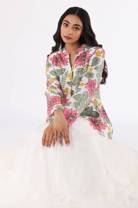 Buy_Nakita Singh_Off White Net, Organza Embroidery Bandeau Neck Jacket And Skirt Set_Online_at_Aza_Fashions